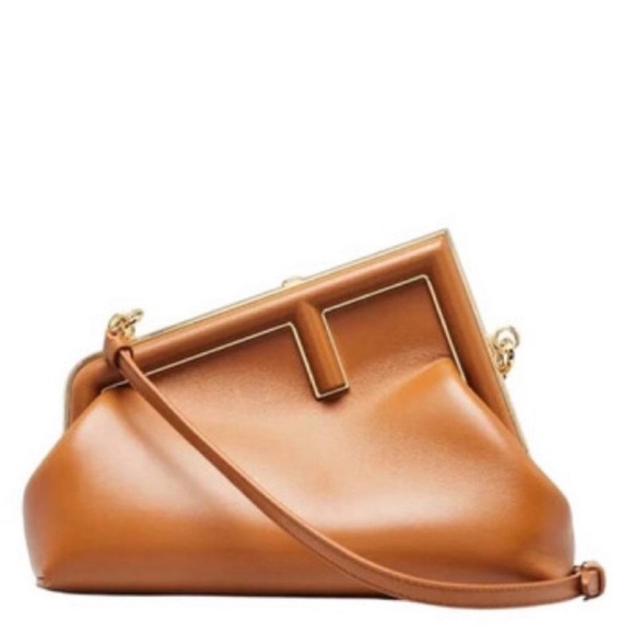 FENDI First Midi Nappa Leather Clutch Brown Camel Gold Hardware - Picture 4 of 12